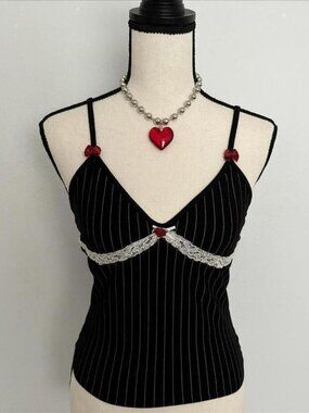black & white striped lace tank with red rosebud & red bows